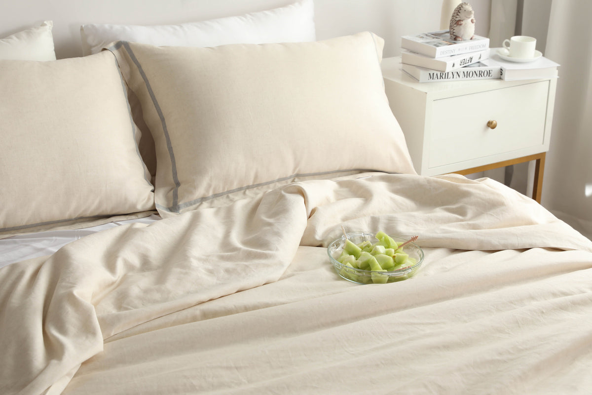 Bamboo linen duvet cover sustainable neutral colors with trim